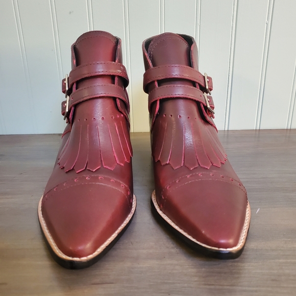 Brazil Leather Booties Pointed Toe Buckle Accents Fringe Detail Witchy Punk - Picture 2 of 13